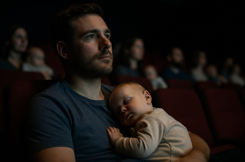 Dad watching film at cinema with baby
