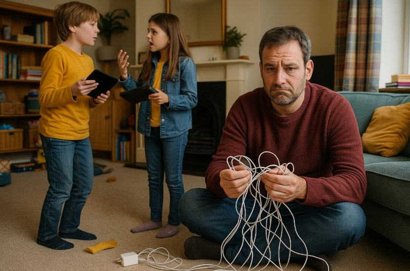 Dad with tangled wires