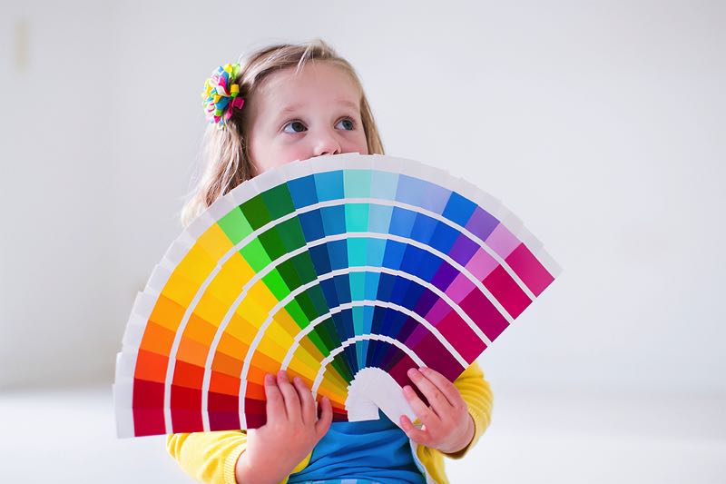 Kid holding up paint samples